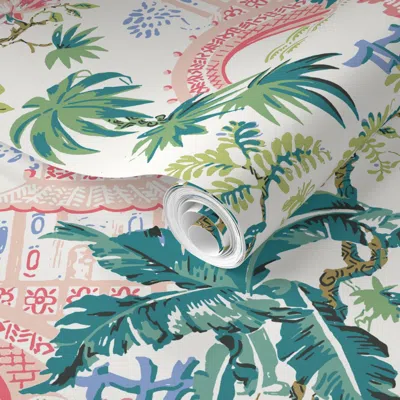 Spoonflower Pre-pasted Wallpaper Pagoda Toile Multi On Off White 2' X 12' Removable