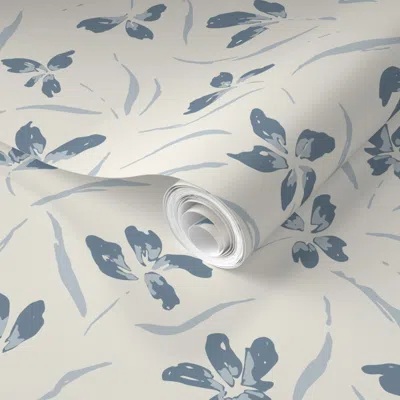 Spoonflower Pre-pasted Wallpaper Painted Florals Dusk Blue In Alabaster White - Jumbo Scale 2' X 12' Removable
