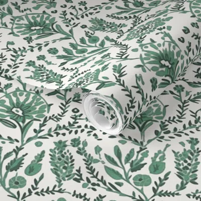 Spoonflower Pre-pasted Wallpaper Painted Garden Hunter Green 2' X 12' Removable
