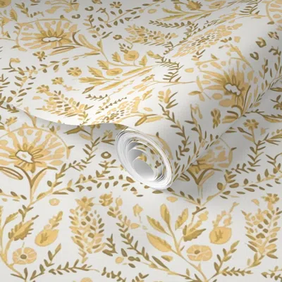 Spoonflower Pre-pasted Wallpaper Painted Garden Mustard 2' X 12' Removable