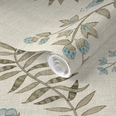 Spoonflower Pre-pasted Wallpaper Pallavi Brown Blue Linen 2' X 12' Removable