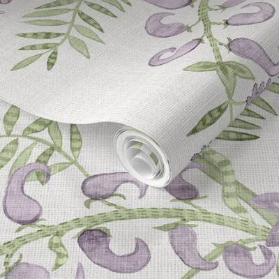 Spoonflower Pre-pasted Wallpaper Pallavi Vine In Purple Green On Off White Linen 2' X 12' Removable