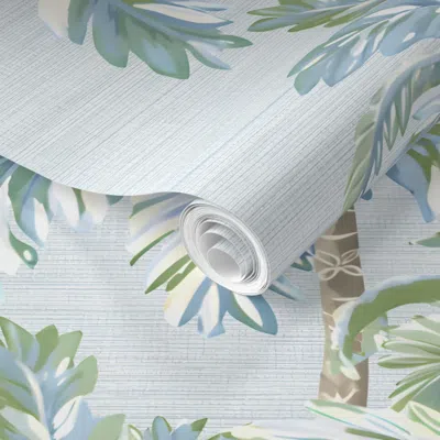 Spoonflower Pre-pasted Wallpaper Palm Grove Canopy On French Blue Light-line Grasscloth - Straight Repeat  Remov