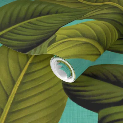 Spoonflower Pre-pasted Wallpaper Palm In Palm Tropical Blue Linen  Removable In Blue/green/mint