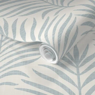 Spoonflower Pre-pasted Wallpaper Palm Leaves Accent Wall - Coastal Botanical Cream White Blue Linen 2' X 12' Rem