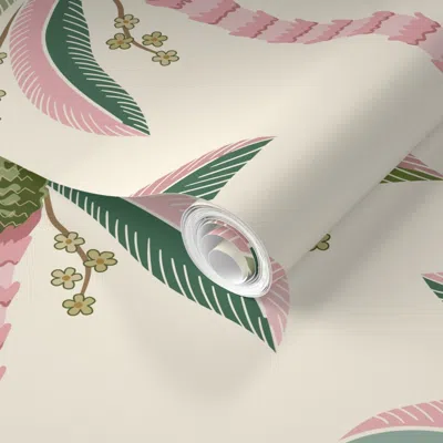 Spoonflower Pre-pasted Wallpaper Palm Springs Classic Palm Stripes -pink Green Ivory -large 2' X 12' Removable