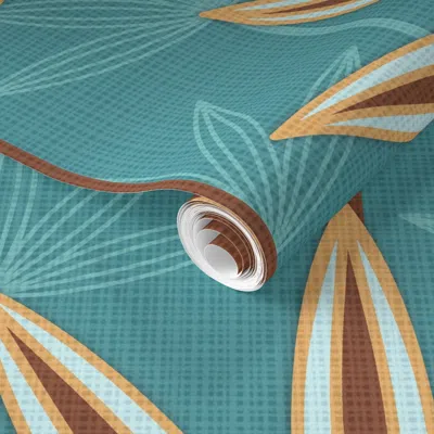 Spoonflower Pre-pasted Wallpaper Palm Springs Damask () Teal Xlarge Palm Trees Mid Mod Mid Century 2' X 12' Remo