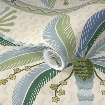 Spoonflower Pre-pasted Wallpaper Palm Springs Palm Trees Mid Mod Wavy Stripes -blue Green -large 2' X 12' Remova In Neutral
