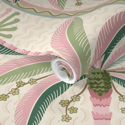 Spoonflower Pre-pasted Wallpaper Palm Springs Palm Trees Mid Mod Wavy Stripes -pink Green Gold -large  Removable In Multi