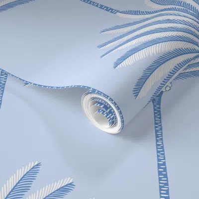 Spoonflower Pre-pasted Wallpaper Palm Stripes - Light Blue Background - Large 2' X 12' Removable