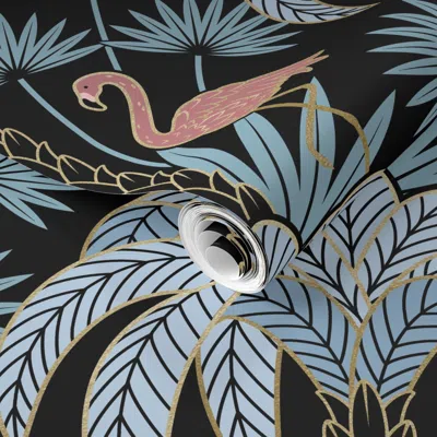 Spoonflower Pre-pasted Wallpaper Palm Tree And Flamingo - Art Deco Tropical Damask - Black Light Blue -large 2' 