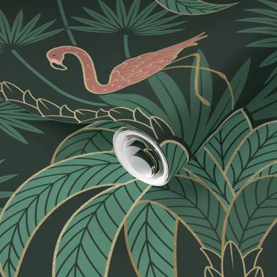 Spoonflower Pre-pasted Wallpaper Palm Tree And Flamingo - Art Deco Tropical Damask -deep Emerald Green-large 2' 