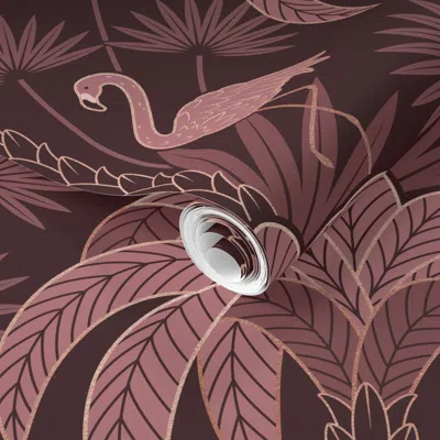 Spoonflower Pre-pasted Wallpaper Palm Tree And Flamingo - Art Deco Tropical Damask - Deep Red Gold - Large 2' X 