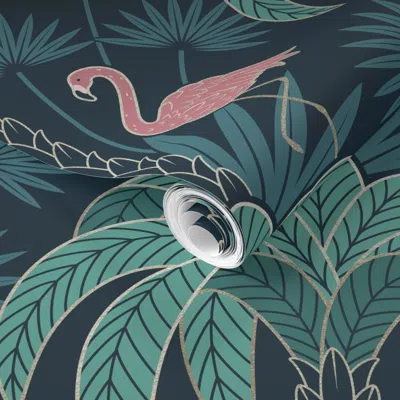Spoonflower Pre-pasted Wallpaper Palm Tree And Flamingo - Art Deco Tropical Damask - Navy Blue Gold - Large 2' X