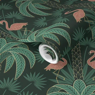 Spoonflower Pre-pasted Wallpaper Palm Tree And Flamingo - Art Deco Tropical Damask-deep Emerald Green-medium 2'  In Multi