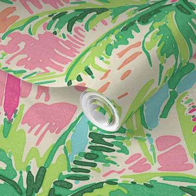 Spoonflower Pre-pasted Wallpaper Palm Tree Pattern Coastal Southern Tropical Home Pink Green Orange Aqua  Remova