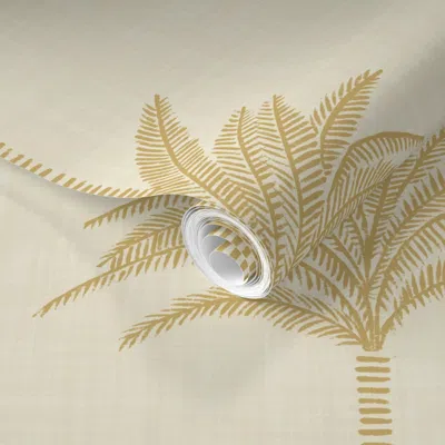 Spoonflower Pre-pasted Wallpaper Palm Tree Sketch Dense Stripe Textured - Mono Mustard Yellow Cream  Removable