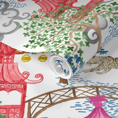Spoonflower Pre-pasted Wallpaper Party Leopards In Pagoda Forest Green Pink And Red Copy 2 2' X 12' Removable