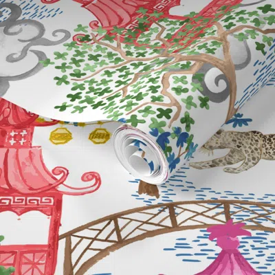 Spoonflower Pre-pasted Wallpaper Party Leopards In Pagoda Forest Navy Pink And Red 2' X 12' Removable