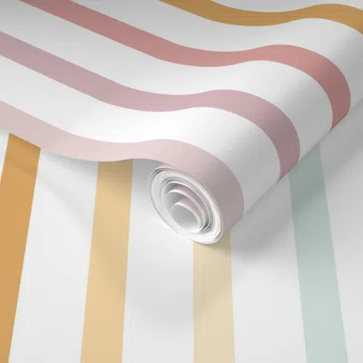 Spoonflower Pre-pasted Wallpaper Pastel Rainbow Stripes 2' X 12' Removable In Multi