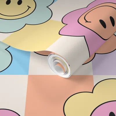 Spoonflower Pre-pasted Wallpaper Pastel Smiley Face Flowers On Checks Colorful Bold Playful Fun Boho Kids 2' X 1