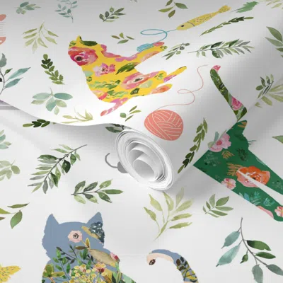 Spoonflower Pre-pasted Wallpaper Patchwork Cats  Removable In White