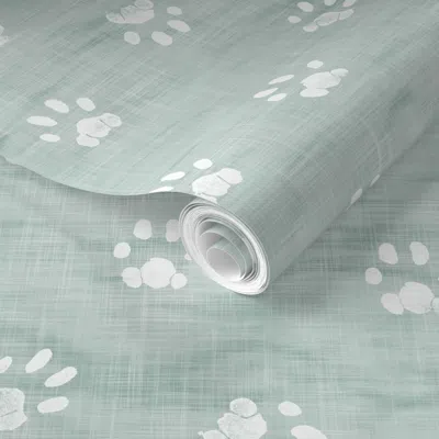 Spoonflower Pre-pasted Wallpaper Paw Prints On Shibori Linen In Sea Mist (xl Scale) Block Paws Cat Pawn 2' X 12' In Gray
