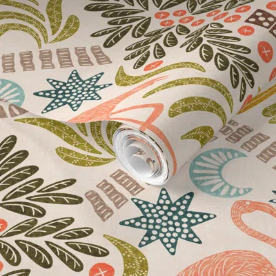 Spoonflower Pre-pasted Wallpaper Peach Flamingo And Chartreuse Palm Tree Arts And Crafts Tropical Coconuts 2' X 