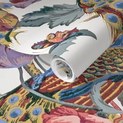 Spoonflower Pre-pasted Wallpaper Peacock And Poppies In Vibrant Original 2' X 12' Removable
