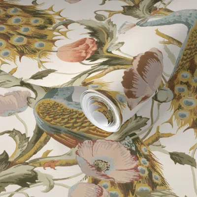 Spoonflower Pre-pasted Wallpaper Peacock And Poppies Perfect Victorian Glamour For Heritage English Cottage 2' X
