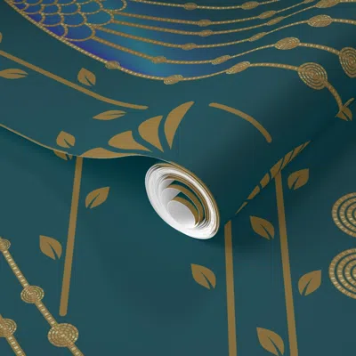 Spoonflower Pre-pasted Wallpaper Peacock Art Deco Dark Teal 2' X 12' Removable