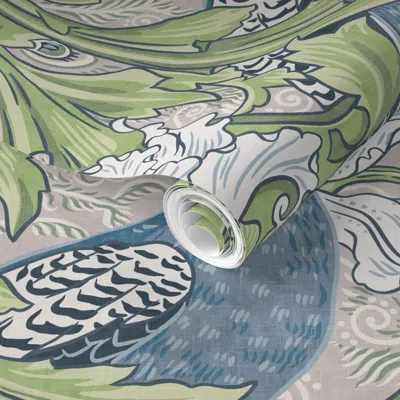 Spoonflower Pre-pasted Wallpaper Peacock Garden By Walter Crane In Blue Green Grey  Removable