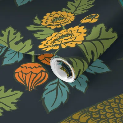 Spoonflower Pre-pasted Wallpaper Peacock Garden (midnight Wonderland) 2' X 12' Removable In Multi