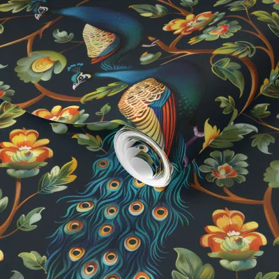 Spoonflower Pre-pasted Wallpaper Peacock Midnight Garden  Removable