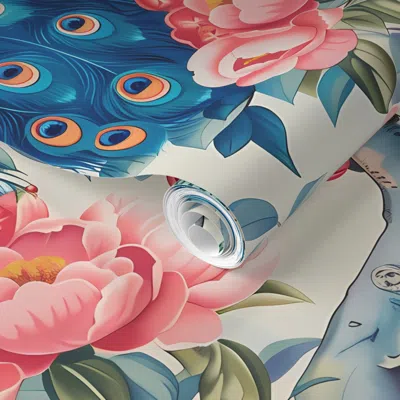 Spoonflower Pre-pasted Wallpaper Peacock Peony Blossoms 2' X 12' Removable