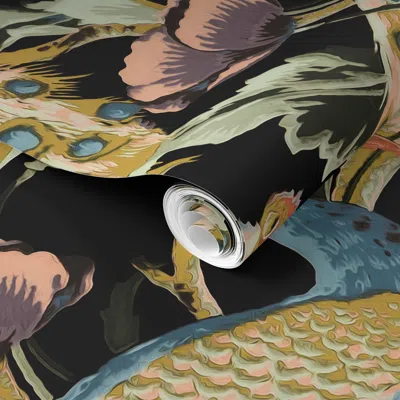 Spoonflower Pre-pasted Wallpaper Peacock Veranda At Night In Black 2' X 12' Removable