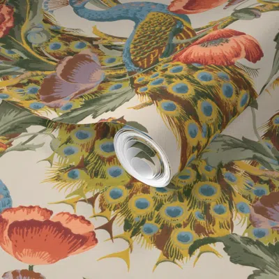 Spoonflower Pre-pasted Wallpaper Peacocks On Vines Large Scale 2' X 12' Removable