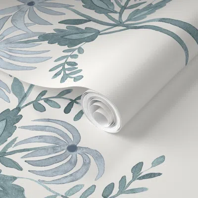 Spoonflower Pre-pasted Wallpaper Pearl's Bouquet Lampshade Green And Blue 2' X 12' Removable