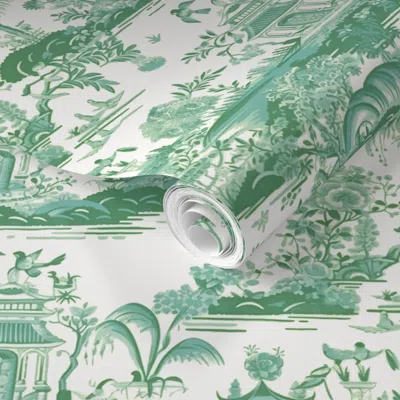 Spoonflower Pre-pasted Wallpaper Pearl River Toile Green Blue  Removable