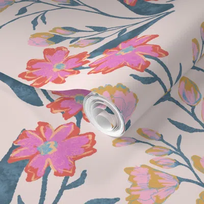 Spoonflower Pre-pasted Wallpaper Penelope Botanical Hand Drawn Boho Floral Ivory Pop Pink Yellow Green 2' X 12' 