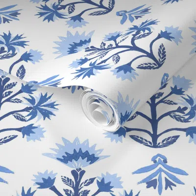 Spoonflower Pre-pasted Wallpaper Penny Blues On White 2' X 12' Removable
