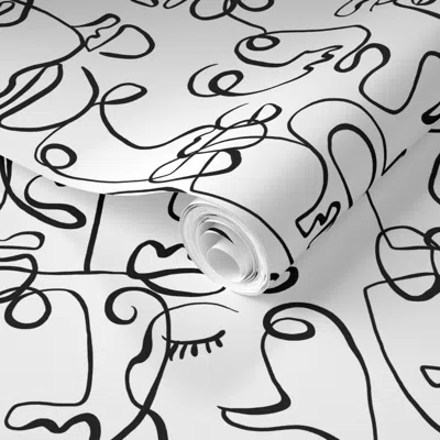 Spoonflower Pre-pasted Wallpaper People Faces - Line Drawing 2' X 12' Removable