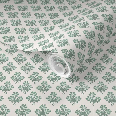 Spoonflower Pre-pasted Wallpaper Peppermint Flower Kitchen Green On Ecru 6 2' X 12' Removable