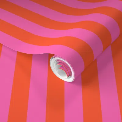 Spoonflower Pre-pasted Wallpaper Piccadilly Pinstripes In Mod Orange + Pink 2' X 12' Removable