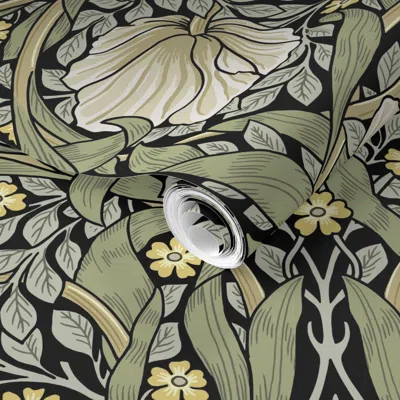 Spoonflower Pre-pasted Wallpaper Pimpernel William Morris Heritage Elegant Glamour & Cottage Flowers Deco 2' X 1 In Black