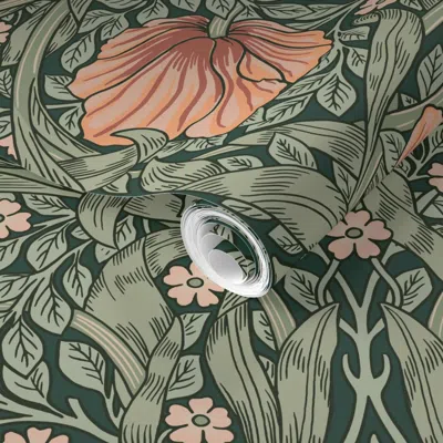Spoonflower Pre-pasted Wallpaper Pimpernel William Morris Heritage Glamour & Cottage Flowers Deco Green 2' X 12'