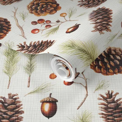 Spoonflower Pre-pasted Wallpaper Pinecone Acorn Pine Sprig Woodsy Fall Leaves Autumn Berries Botanical 2' X 12' 