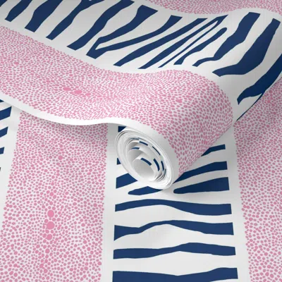 Spoonflower Pre-pasted Wallpaper Pink 1 Navy Land And Sea Stripe 2' X 12' Removable