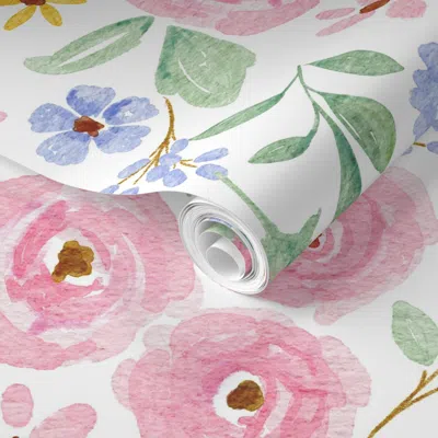 Spoonflower Pre-pasted Wallpaper Pink Blue And Green Pastel Watercolor Floral 2' X 12' Removable