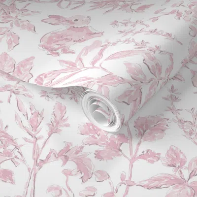 Spoonflower Pre-pasted Wallpaper Pink Bunny Toile With Garden Herbs And Rabbits 2' X 12' Removable